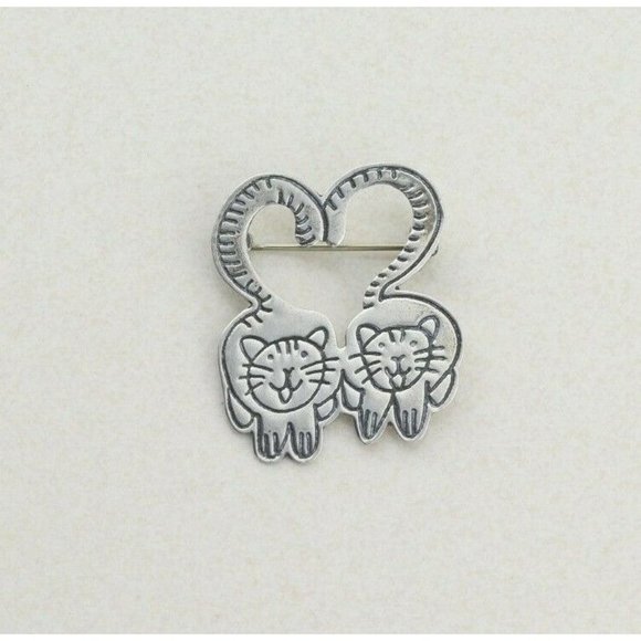 Vintage Sterling Silver Two Kitty Cat Pin Brooch - Picture 1 of 5